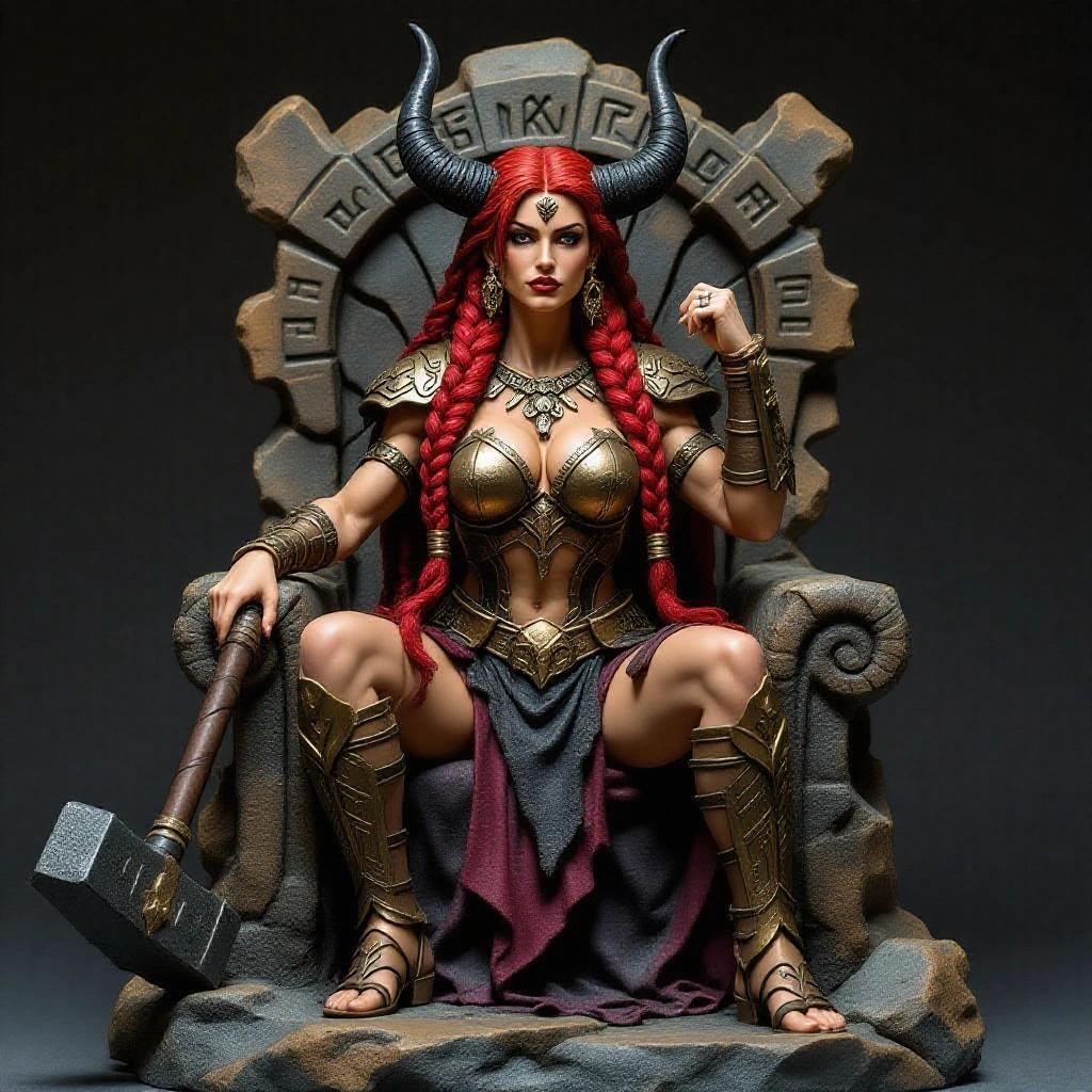 Resin statue of a powerful goddess inspired by the Taurus zodiac sign. Seated on a rock throne. Voluptuous muscular woman with tanned skin. Long red hair in thick braids. Stoic pose with one elbow on knee and fist under chin. Holding massive warhammer on the ground. Dark bronze and leather armor with intricate runes. Large black horns on head. Eyes glow faintly. Partially cracked rock throne molded by her strength. Mystical divine aura.
