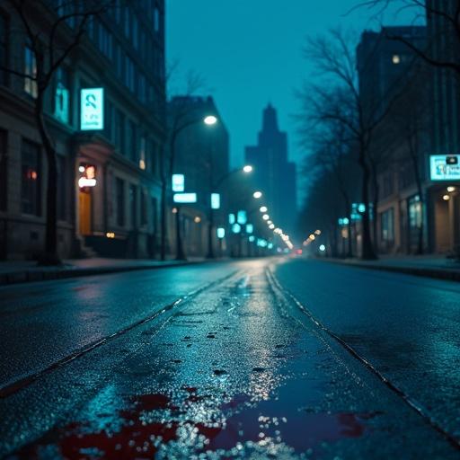 Cold urban street at night with harsh blue and gray tones. Emptiness and solitude evident in the scene. Flickering streetlights illuminate the street. Distant skyline adds a layer of isolation. Fresh bloodstain on the pavement indicates violence. The atmosphere evokes tension and danger. Gritty, cinematic style used with moody lighting and high contrast.