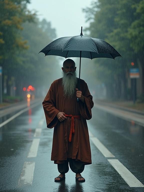Guru character stands in the street on a rainy day. Holds an umbrella with a confused expression. Image captures a long view.