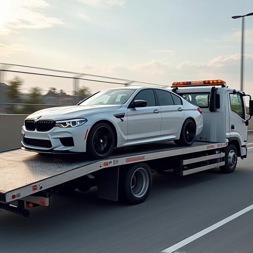 Tow truck transports a BMW car on a flatbed. Clear sky and daylight. Modern flatbed truck with a sleek white BMW. Suitable for commercial use in automotive towing advertising.