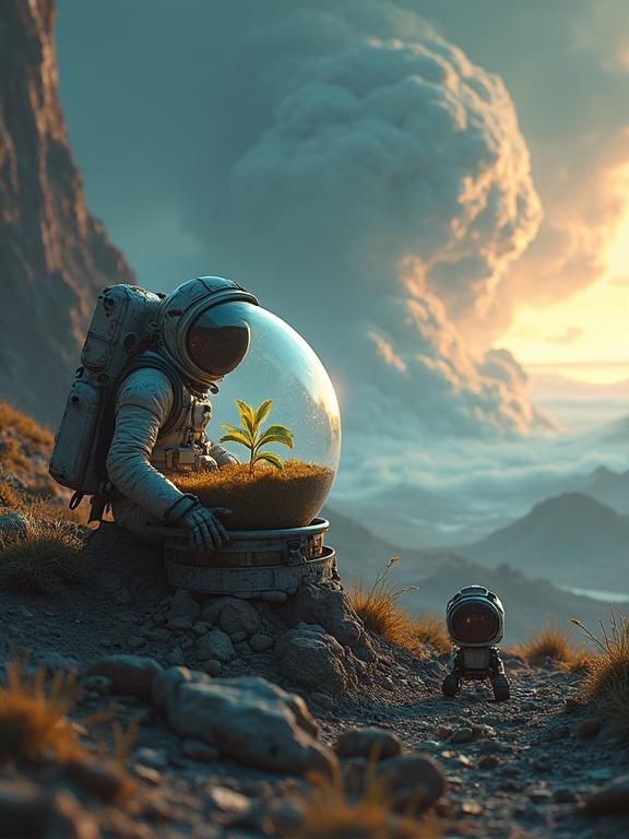 An astronaut kneeling on a desolate planet. The helmet acts as a portable greenhouse for a small growing plant. The landscape shows ruins of a once advanced civilization. A massive dust storm approaches with colorful lightning in the background. The astronaut has improvised a shelter from spaceship debris and abandoned alien technology. Small helper robots work to strengthen the structure.