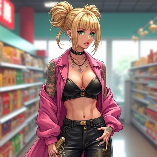 Anime woman in supermarket setting. She has emerald green eyes and a beautiful face. Oversized light blonde French bun hairstyle. Wearing light pink diamond jewelry. Futuristic aesthetics with a modern and luxurious atmosphere. She is half Japanese, half Saiyan. Height is 6'1 with big breasts, muscular arms, and 6 pack abs. Features include light pink lipstick, colorful toenails, and fingernails, white eyeshadow, and piercings including double belly button ring. Dressed in edgy punk streetwear, showcasing traditional Japanese tattoos. Setting is a colorful supermarket during noon in a red cherry blossom village.