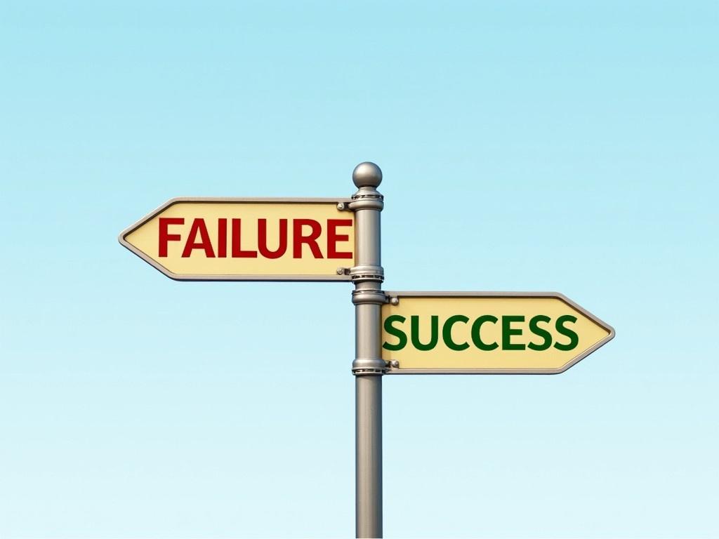 The image shows a street sign with two directions. One sign points to the right with the word "SUCCESS" written in green letters, indicating a positive outcome. The other sign points to the left with the word "FAILURE" in bold red letters, representing a negative outcome. The background is a light blue, suggesting a clear sky. The signs are designed to symbolize the two paths one can take in life or in a specific situation.