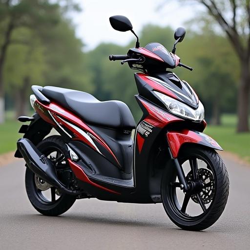 A stylish red scooter parked on a pathway surrounded by greenery. It features a streamlined design with a comfortable seat.