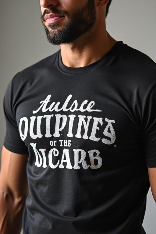 Premium t-shirt shown on a model. The shirt features a bold graphic design with words.