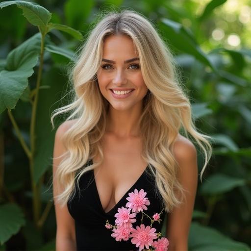 Woman with flowing blonde hair poses in lush green foliage. Wears a black dress with pink flowers. Soft natural lighting enhances scene colors. Composition centers on her, capturing expression and vibrant elements. Hyper-realistic photography style.