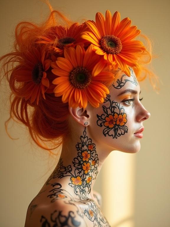 Profile view of a woman with vibrant orange hair. Hair adorned with orange flowers. Black and orange floral patterns on her neck. Background is muted beige. Warm glow over the scene. Vivid photograph.