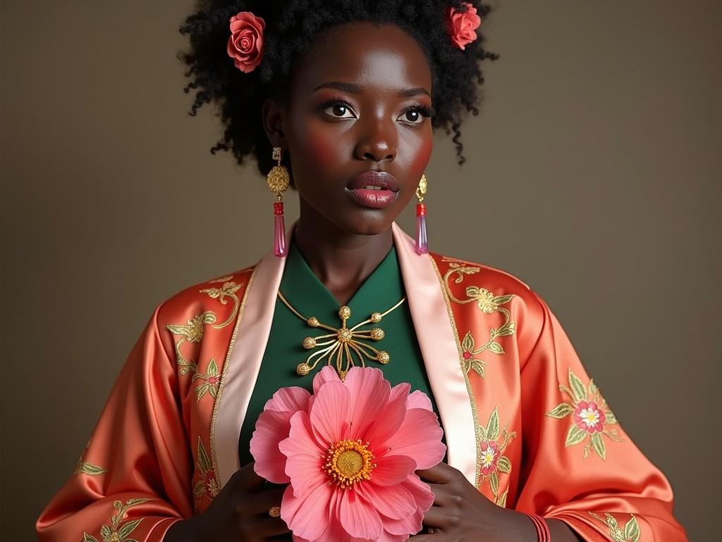 A woman in a red robe with floral designs stands gracefully, adorned with a large red flower pinned to her outfit.