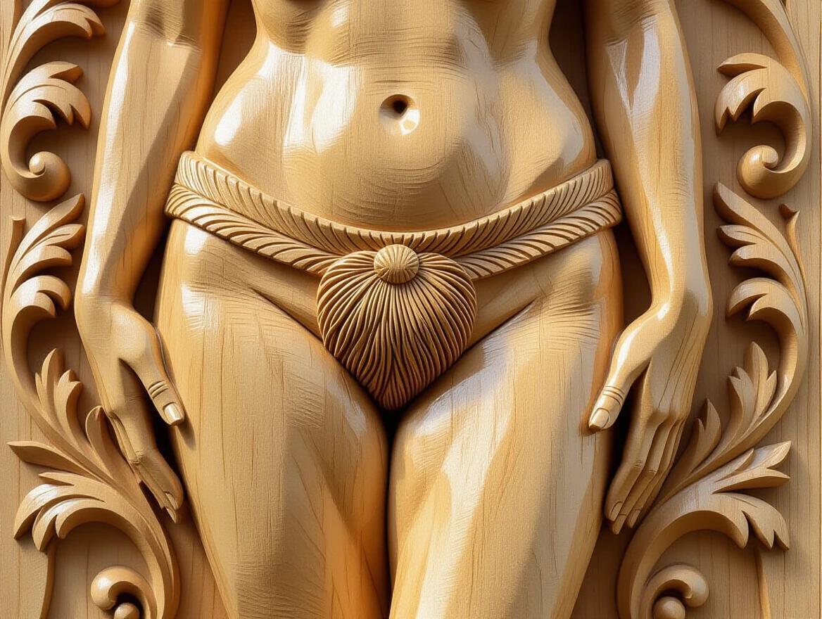 Closeup of a detailed wooden relief carving showing the hips of a nude woman. The focus is on the realistic representation of wooden pubic hair and smooth contours. It showcases expert wood carving techniques and craftsmanship in a poetic style.