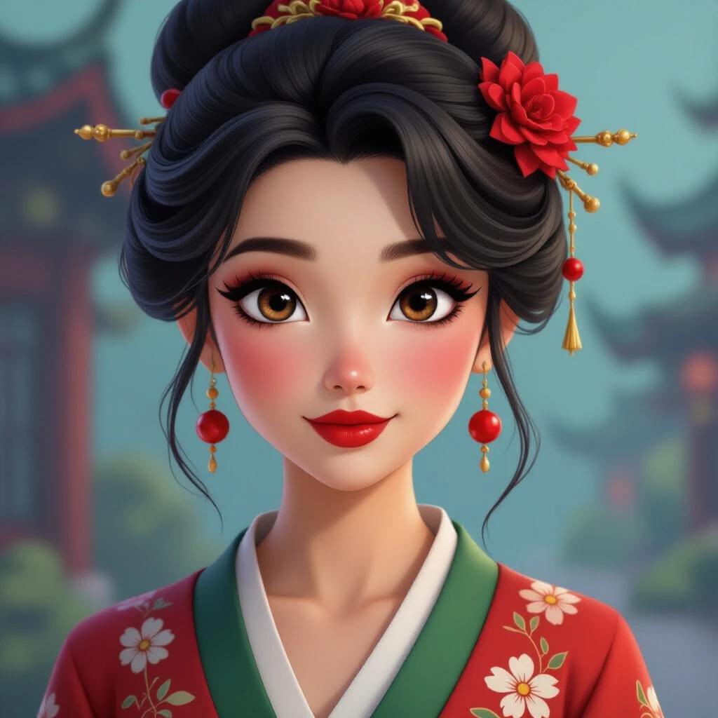 Oriental woman with striking bright red eyes and black lipstick. Hair styled with red streaks. Dressed in a gothic style outfit. Illustrated in a Disney Pixar aesthetic.