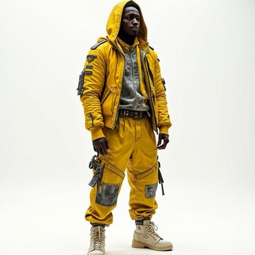 Dark-skinned male figure in mid-20s stands confidently. Wears a yellow, leather-like, multi-layered outfit influenced by futuristic samurai and action hero styles. Jacket with hood showcases intricate details and armored elements. Pants are loose-fitting with utility pockets. Footwear consists of chunky off-white high-top sneakers. Full body shot is slightly angled and highly detailed.
