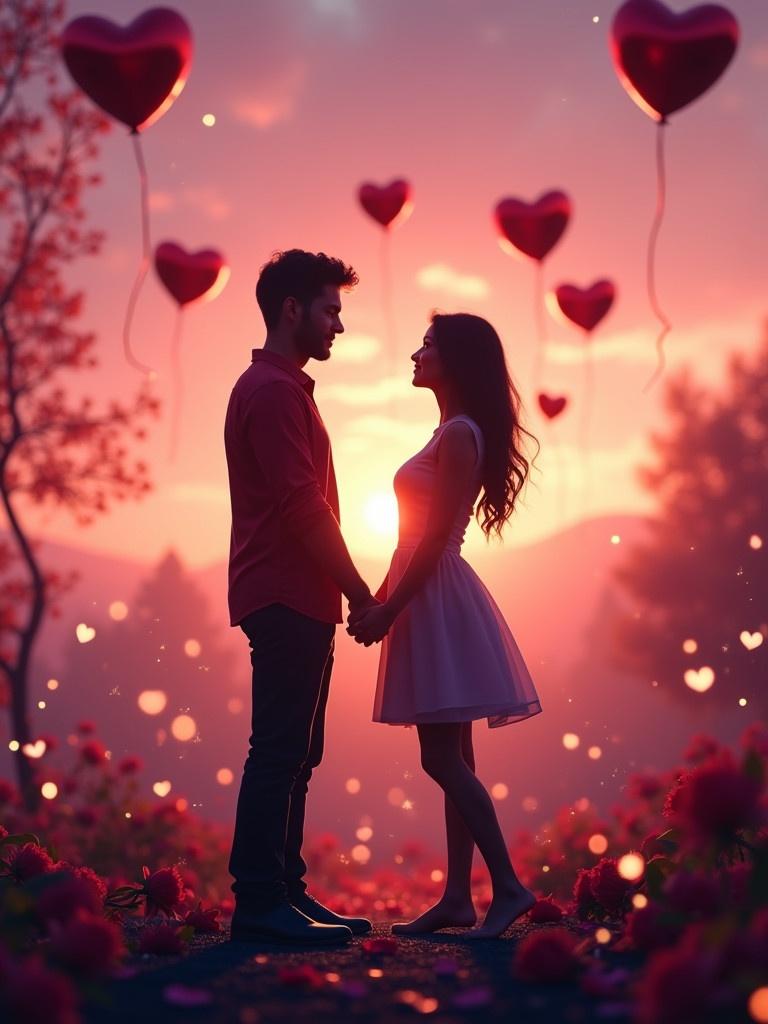 A hyper-realistic silhouette of a couple holding hands in a romantic Valentine’s Day setting. The couple closely faces a glowing sunset with soft hues. Floating heart-shaped balloons surround them with scattered rose petals and fairy lights. A dreamy landscape with soft bokeh lights creates a warm atmosphere. The silhouette captures the essence of love and connection, creating a magical scene.