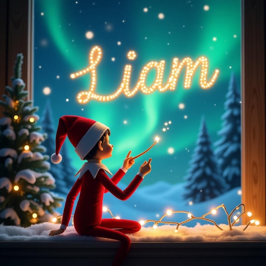 An elf is sitting on a windowsill, looking up into the night sky. He is using a wand to write in the air, creating a magical scene. The name 'Liam' is displayed in glowing letters formed by the elf's magic. Outside the window, there is a snowy landscape decorated with Christmas trees. The northern lights dance across the sky, adding a mystical vibe. This whimsical Christmas setting is perfect for conveying holiday joy and magic.