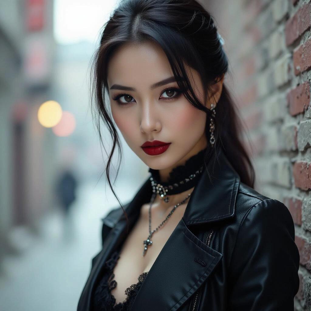 Portrait of a captivating Asian female dressed as a vampire. Urban fantasy setting with gothic atmosphere. Woman stands in an alley with dark and moody lighting.