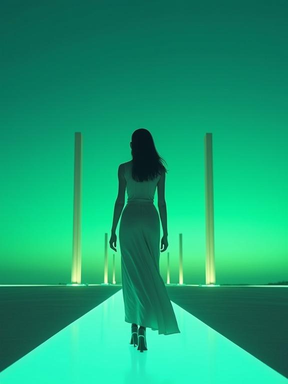 A powerful Egyptian woman walks confidently along a glowing green-to-blue pathway. Behind her are symbolic pillars. The sky transitions from green to deep blue. The style is futuristic minimal with soft gradients and elegant outlines.