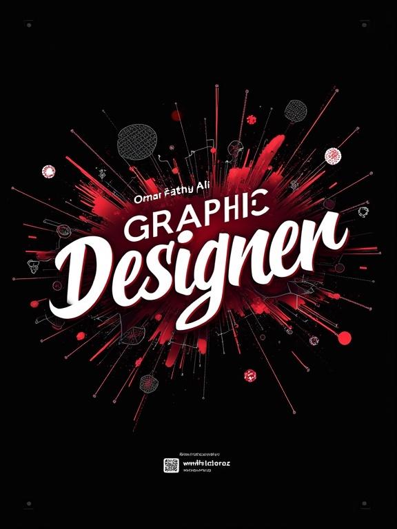 A4 vertical poster for a graphic designer. Design is all black with red and white accents. Modern font for the name Omar Fathy Ali. 'GRAPHIC DESIGNER' in sharp, professional fonts underneath. Background includes design software elements like icons and grids. Creative explosion with electrical effects, layered shadows, abstract shapes. Small QR code included.