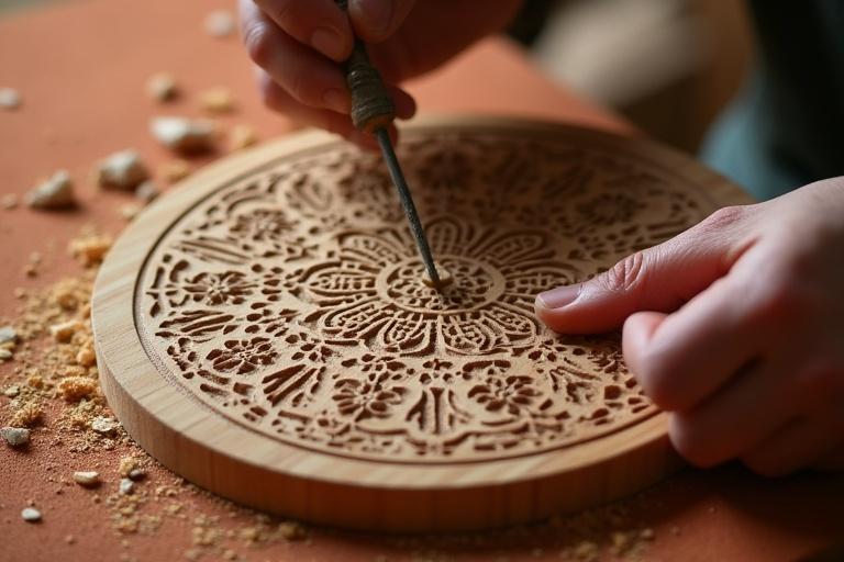 Close-up view of artisan hands carving wooden clock face Intricate floral patterns visible Soft terracotta background scattered with sawdust Photorealistic style with warm lighting