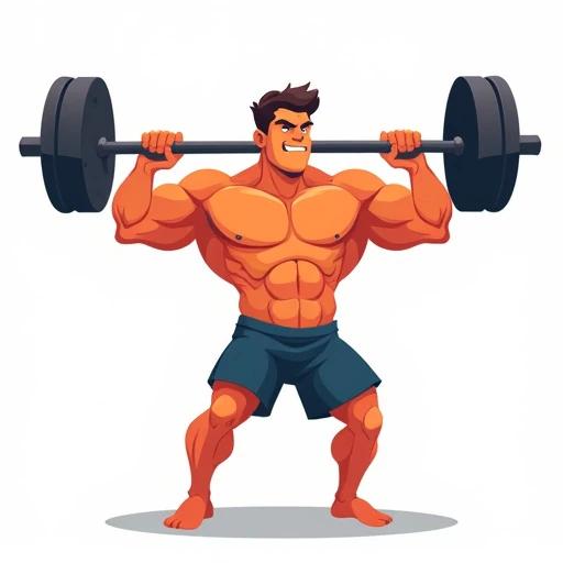 Flat design cartoon illustration shows a muscular character performing an arnold press with a barbell. The character has exaggerated muscles and an determined expression. The character's skin is orange. Wearing dark blue shorts. Features thick black outlines and a dynamic pose. Set against a white background.