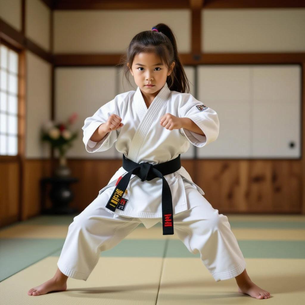 Young girl wearing karate gi executes front kick towards camera. Indoor martial arts dojo setting with wooden panels and tatami mats. Focus on action and form.