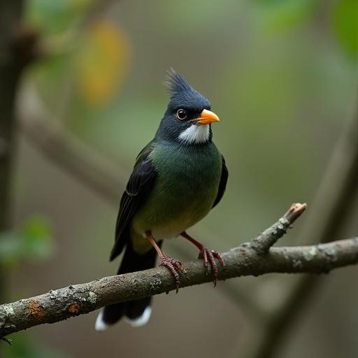 A bird perched on a branch with dark green and black feathers. It has a white patch on its face and a bright orange beak. The bird's body is small and slender with black tail feathers and small claws gripping the branch. The background is blurred with green and brown hues, indicating a natural outdoor setting. Overcast lighting creates a soft texture. The bird is looking directly at the camera with a slight head tilt, surrounded by branches and leaves. This is a high quality image showcasing detailed feathers and a small crest on its head.