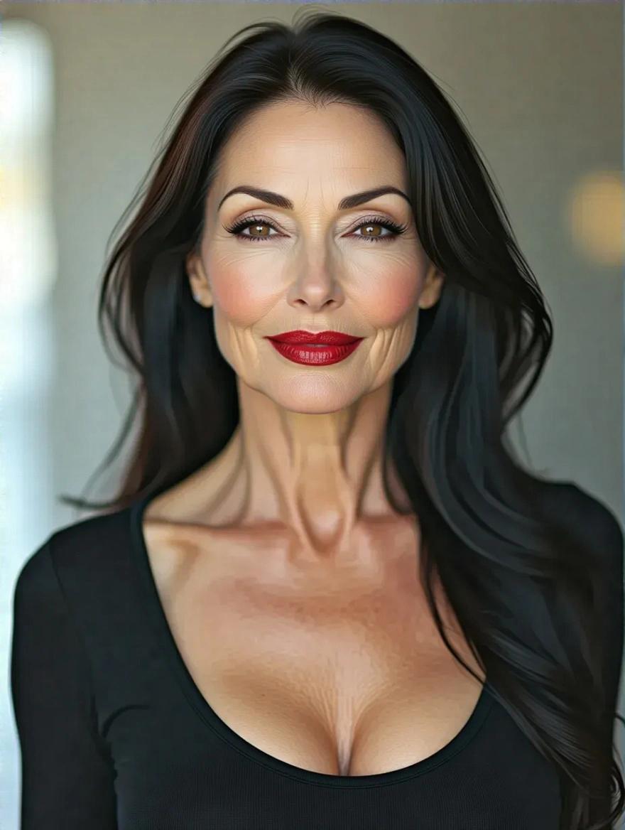 Mature woman in her fifties with long black hair. Smooth skin with no wrinkles. Sophisticated makeup with dark eyes and bright red lipstick. Muscular body shape. Wearing a tight black top. Sweet and confident expression with a blurred background.