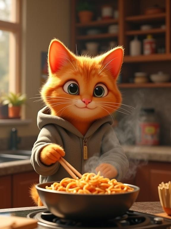 3D Pixar-style render featuring an anthropomorphic orange tabby cat wearing a hoodie. Cat is cooking instant noodles in a small cozy kitchen. Steam rises from the pot. Cat has a smiling face with a cluttered background and warm soft lighting, centered subject.