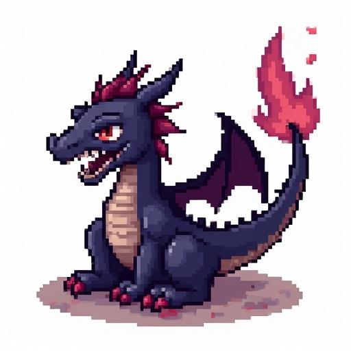 Pixel art representation of a black-purple dragon with opened mouth. Character measures 128x128 pixels. Dragon faces left. He has blood on his legs. Image has a transparent background.
