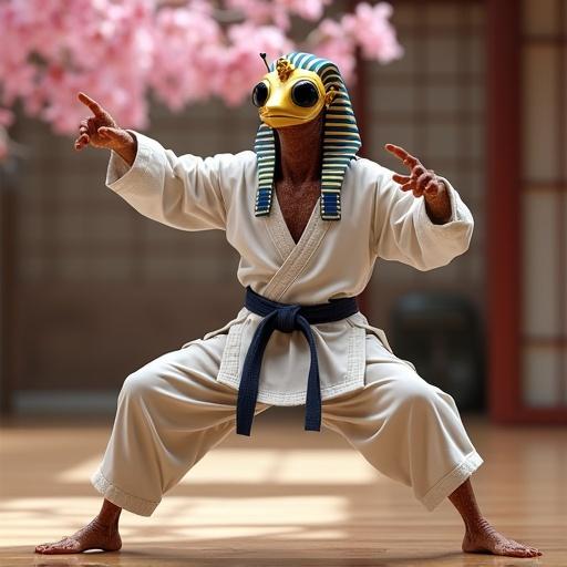 Flea ninja strikes karate pose. Wears Egyptian pharaoh mask. Dressed in Bruce Lee-inspired tracksuit. Set in serene dojo with polished floors. Surrounded by sakura blossoms. Hyper-realistic detail.