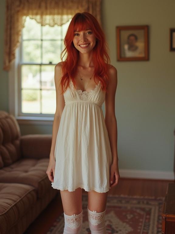 Woman wearing a mini sundress. Red hair. Thigh-high socks with lace detail. Standing in a living room. Smiling with a soft and natural look. Low-resolution image with pixelation and over-saturated colors.