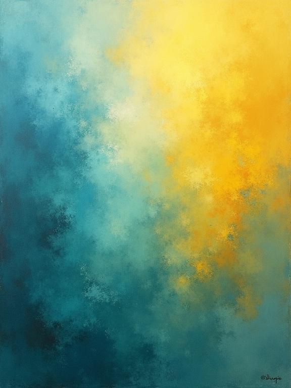 Abstract artwork featuring a gradient of blue and yellow colors with soft misty effects covering the canvas. The artwork emphasizes areas of vivid color blending.
