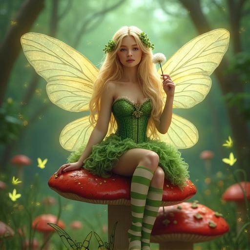 Fantasy art depicting a blonde fairy with translucent wings in a green floral corset dress. Sitting on a large red mushroom in a mystical forest. Holding a dandelion seed puff. Surrounded by butterflies and glowing particles.