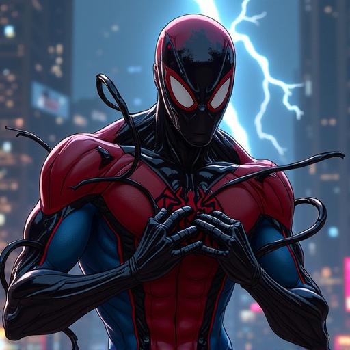 Animated scene featuring Spider-Man in struggle against Venom symbiote. Spider-Man in dramatic pose pulling black symbiote off his chest with both hands. Liquid-like tendrils crawling over his body. Intense face showing resistance. Dark stormy background with lightning. Powerful contrast between red-and-blue suit and black symbiote. Animated style similar to Spider-Man: Into the Spider-Verse.