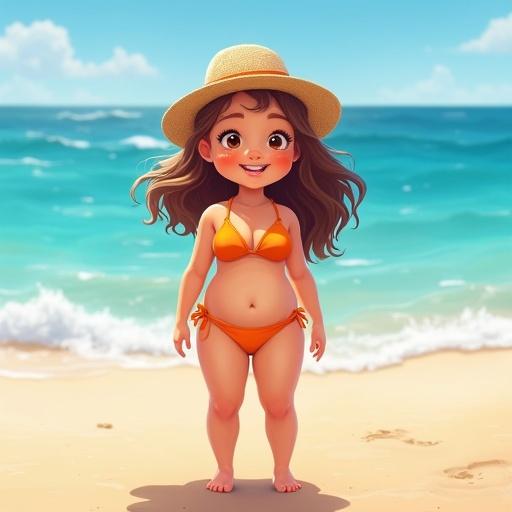 A cute girl with a chubby body wearing an orange bikini stands on the beach by the ocean. She has wavy hair and a cheerful expression. It is a bright sunny day.