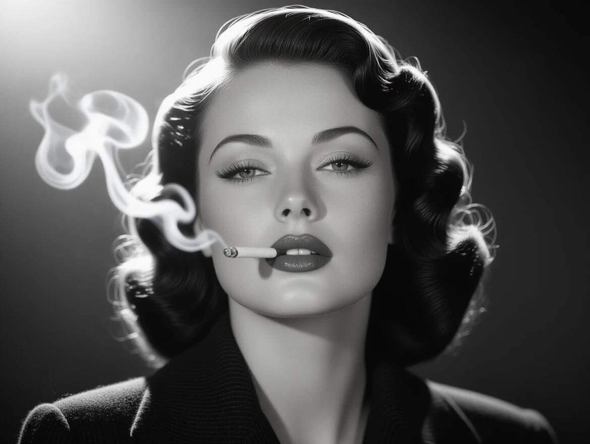 A half face portrait in classic film noir style consistent lighting and shadow play vintage aesthetic captured through black and white photography elegant atmosphere enhanced with wisps of smoke.