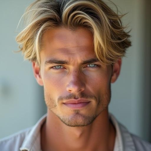 Professional medium close up of a handsome young man with tousled blonde hair and blue eyes. Outdoor setting with natural lighting. Background blurred. Expression is neutral with a slight smile. Diamond shaped face with high cheekbones and defined jawline. Muscular physique with broad shoulders. Wavy golden-blonde hair styled with loose strands.