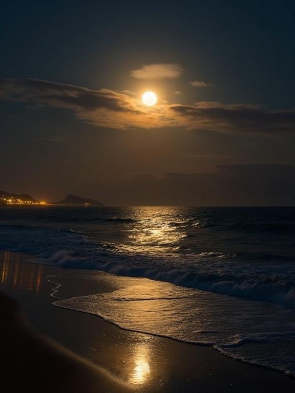 Nighttime seascape photograph with a full moon reflecting over the ocean. Atmospheric and serene scene with deep colors and gentle waves. Moonlight creates a golden path on the water.