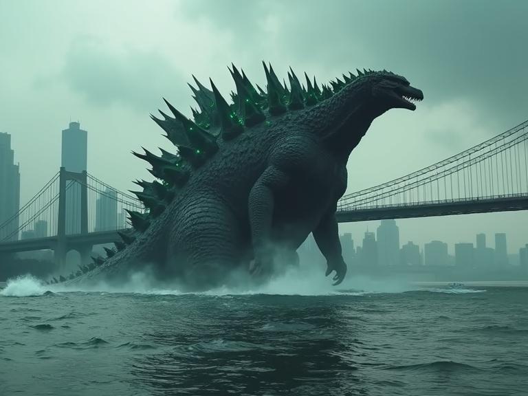 Dark cinematic scene featuring a huge 300 ft Godzilla with spiky dorsal spines submerged in water creating foam. Scene includes a river bay under a cable bridge, an Asian city skyline with tall buildings, small boats, and dark cloudy skies.