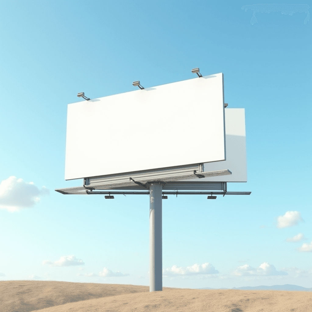 A large blank billboard stands in a sandy desert under a clear blue sky.