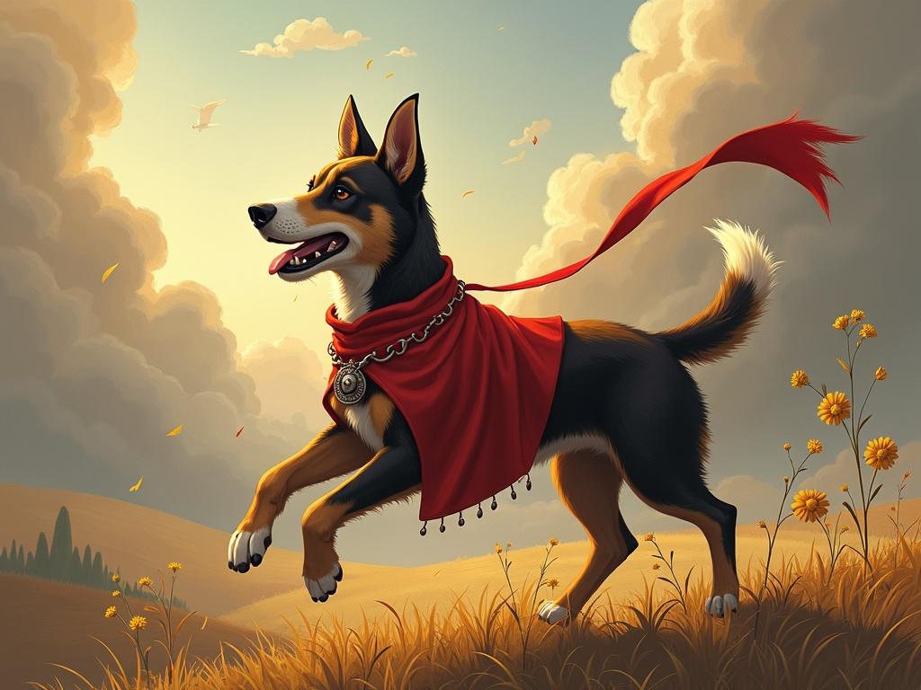 Illustration of a dog depicted as a knight in a heroic pose. The dog wears a red cape and a necklace. Background features a dreamy landscape with clouds and flowers. The scene evokes adventure and playfulness.