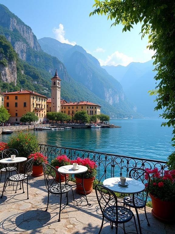 Lakeside scene with a terrace overlooking deep blue water and a charming village. Mountains rise in the background. Bright blue sky with some clouds. Colorful buildings in earth tones line the shore, and flowers in pots decorate the terrace. A calm lake with small boats adds life to the scene.