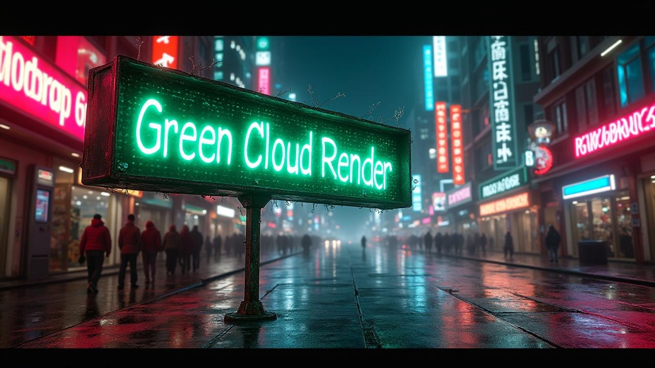 A vibrant neon sign with 'Green Cloud Render' displayed prominently glows brightly against a foggy urban night scene. The wet street reflects the colorful lights from other neon signs lining the bustling street, where silhouettes of people can be seen walking. The atmosphere is mysterious and atmospheric, reminiscent of a cyberpunk setting.