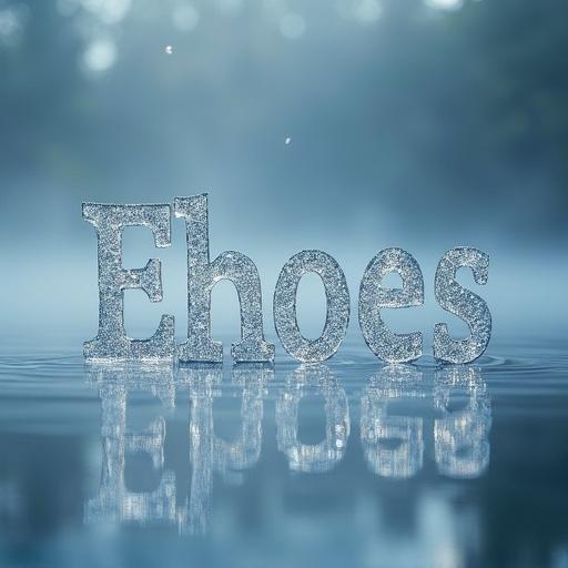 Gentle echoes floating on a lake. Semi-transparent letters reflect in the water. Mist in the early morning adds depth. Cool blues and silvers shine. Letters glisten like crystals. Atmosphere is dreamy and soft.