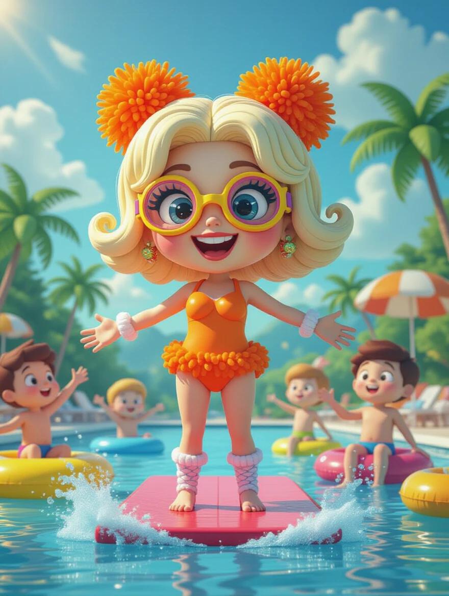 3D character designed with fluffy yarn pom poms. Character wears a bright orange swimsuit. Character stands on diving board. Surrounded by splashing kids and colorful inflatable toys. Lush tropical scene with palm trees in the background. Vibrant style with detailed textures.