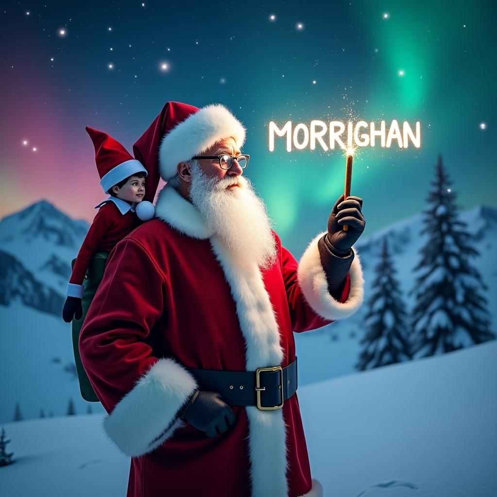 A real Santa in the snowy mountains. Traditional red elf on the shelf on Santa's shoulder. Santa writing 'MORRIGHAN' in the sky with a magic wand. Northern lights of red, cerulean and purple in the background.