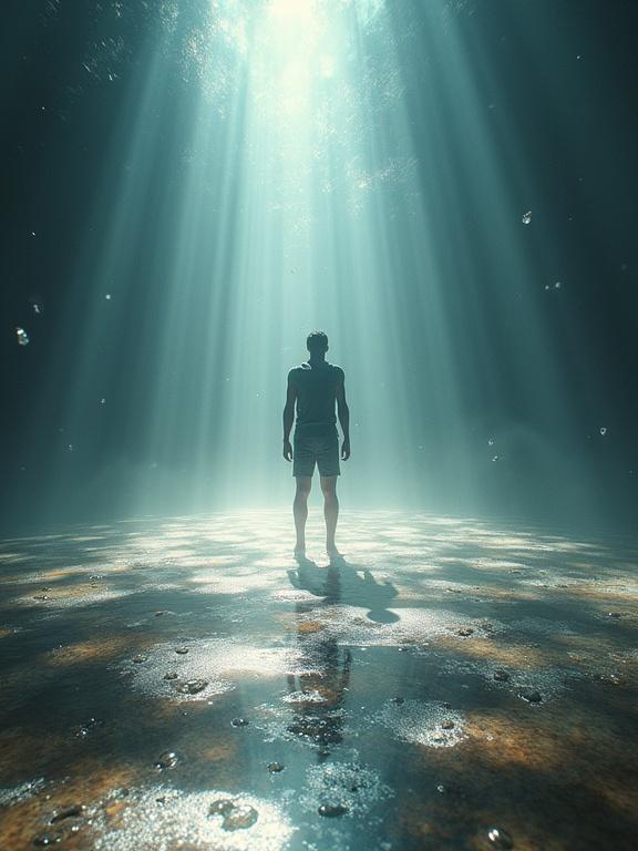 A shimmering figure of light and shadow stands in a surreal environment. The ground reflects light and is scattered with strange floating objects. Long shadows stretch across the scene. Soft light creates caustics on the surface, adding a watery quality. The background appears warped, enhancing disorientation. Motion trails blur edges, suggesting movement. The color palette is vibrant and surreal, contributing to the dreamlike mood. The image is ultra-detailed, aiming for award-winning quality.