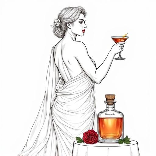 Highly detailed line art depicting a goddess in mid-thirties. The goddess is shirtless, seen from behind, offering a toast with a cocktail. She wears a translucent silk wrap and a flower behind her ear. The image has a white background. An apothecary bottle is placed nearby, glowing golden-reddish, with cork and a tag named 'ALFRUNO'. Surround the bottle with roses and herbs.