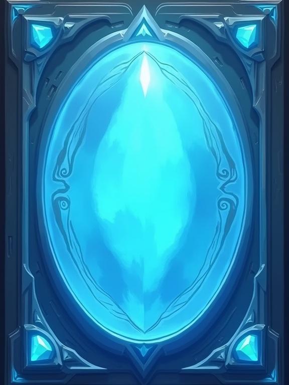 Fantasy card back design for a trading card game. Light blue color scheme with clean lines. Features a glowing blue oval stone in the center. Symmetrical composition in 2D. High sharpness focus.