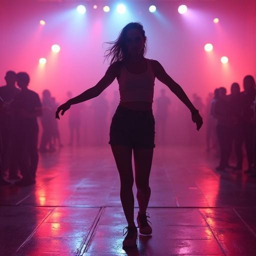 A woman dances energetically alone. She poses with vibrant disco lights in the background. The setting is a lively dance floor. The image has a photorealistic style with clear details and an expressive atmosphere.