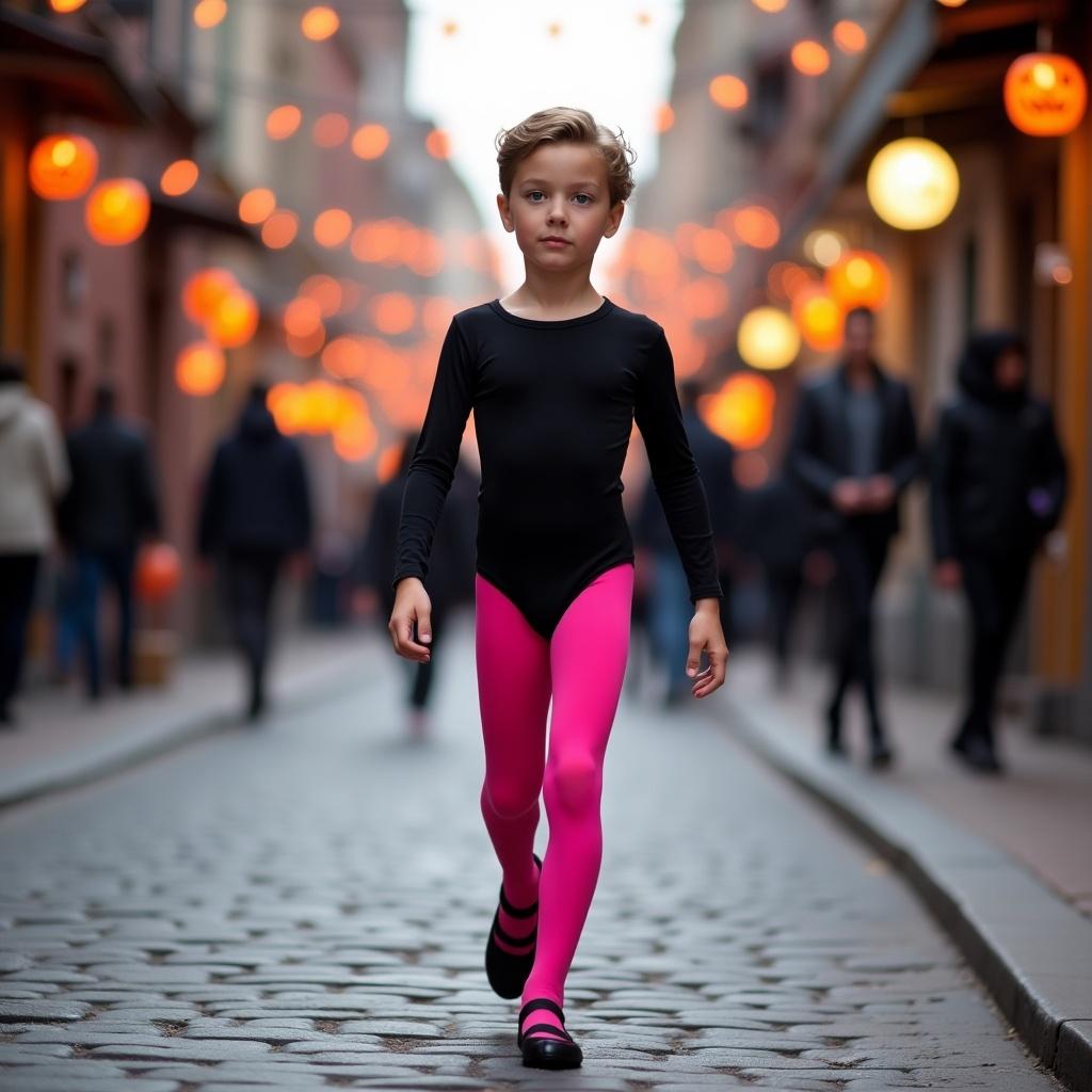 Young boy walks on a cobbled street. He wears a black long sleeve leotard and pink tights with black heels. Vibrant Halloween party backdrop enhances the lively scene. His pose reflects ballet style, showcasing grace and poise. Moment blends fashion with dance.