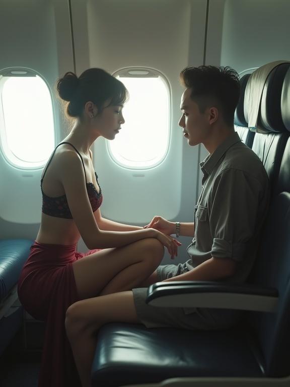 Couple seated in airplane, young adults, engaging in intimate conversation, soft lighting, fashionable attire, modern setting, emotional interaction, dynamic composition.